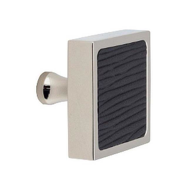 Colonial Bronze Leather Accented Square Cabinet Knob With Flared Post, Polished Brass x Shagreen City Lights Smoke Leather
