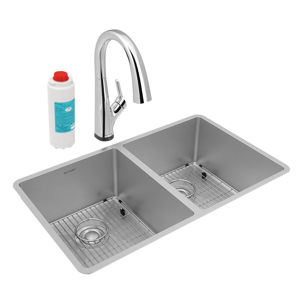 Elkay Crosstown 18 Gauge Stainless Steel 31-1/2'' x 18-1/2'' x 9'', Equal Double Bowl Undermount Sink Kit with Filtered Faucet