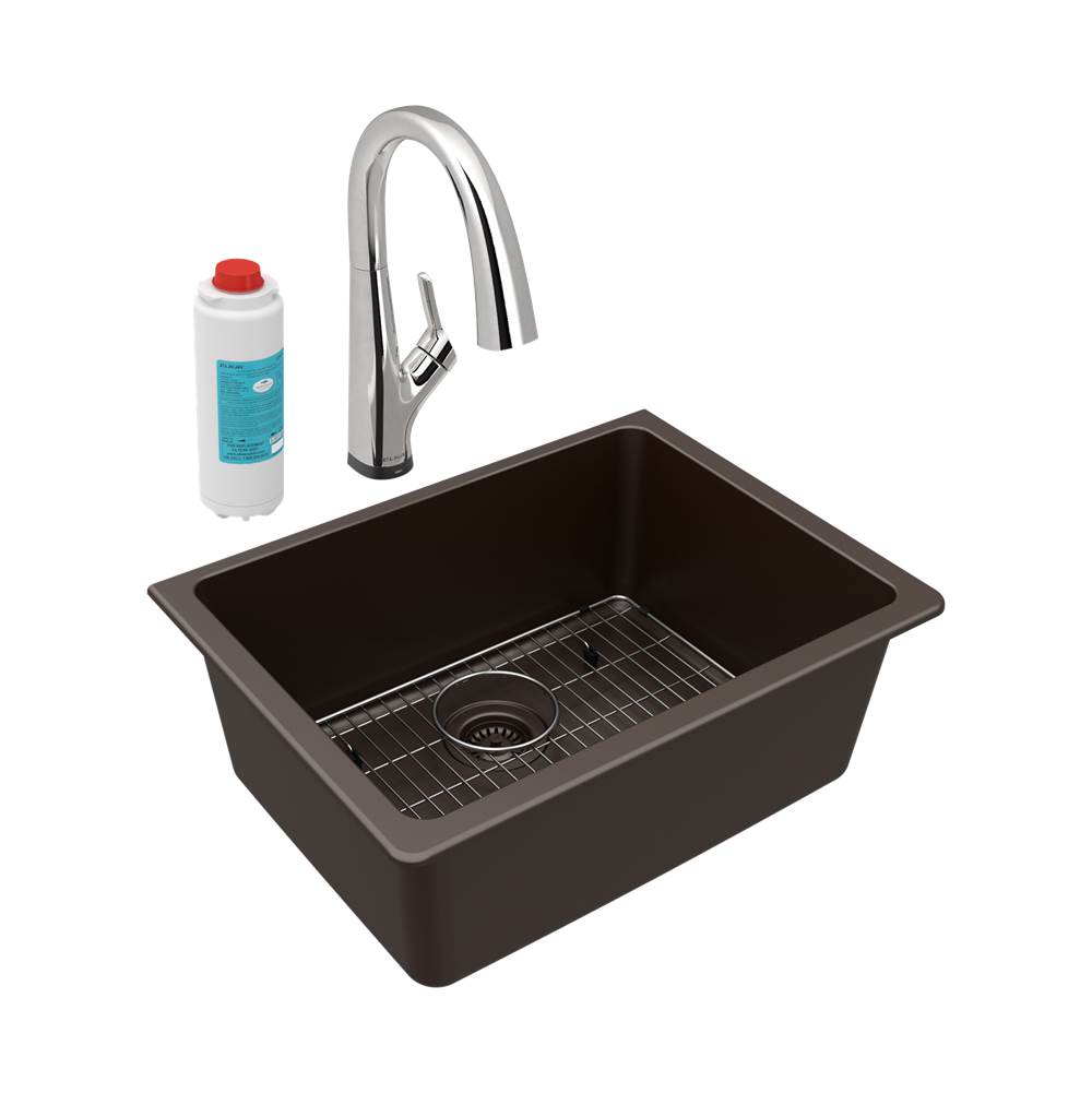 Elkay Quartz Classic 24-5/8'' x 18-1/2'' x 9-1/2'', Single Bowl Undermount Sink Kit with Filtered Faucet, Mocha