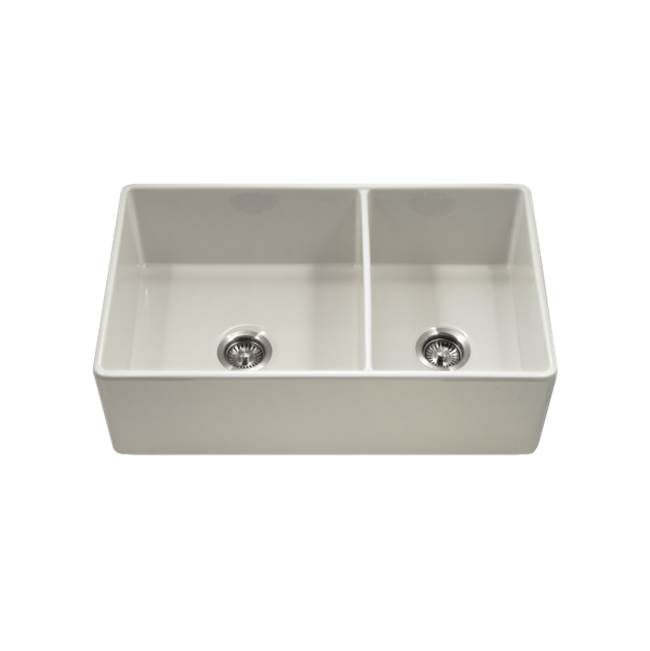 Hamat Apron-Front Fireclay 60/40 Double Bowl Kitchen Sink, Biscuit