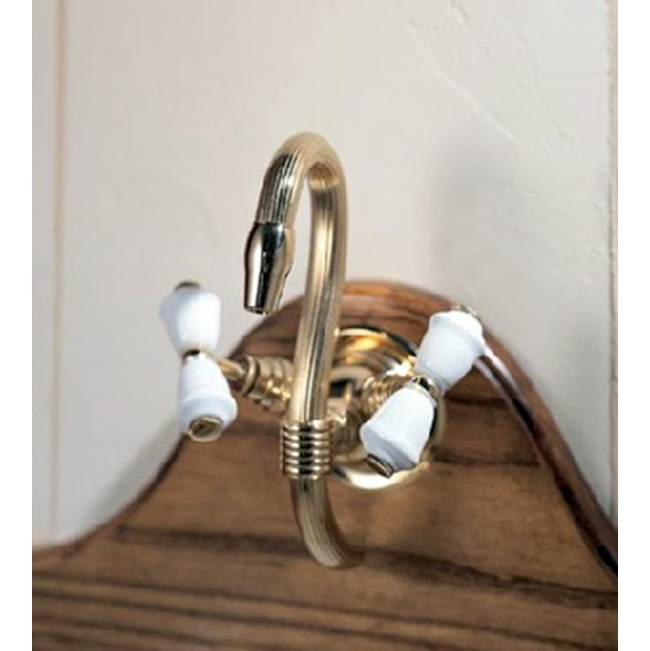 Herbeau ''Verseuse'' Deck Mounted Mixer with White or Handpainted Earthenware Handles in Avesnes, Polished Brass