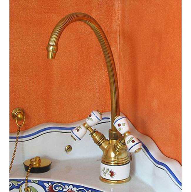 Herbeau ''Verseuse'' Deck Mounted Mixer with White or Handpainted Earthenware Handles in Vieux Rouen, Polished Chrome