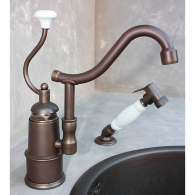 Herbeau ''De Dion'' Single Lever Mixer with Ceramic Disc Cartridge and Handspray in White Handles, Weathered Brass