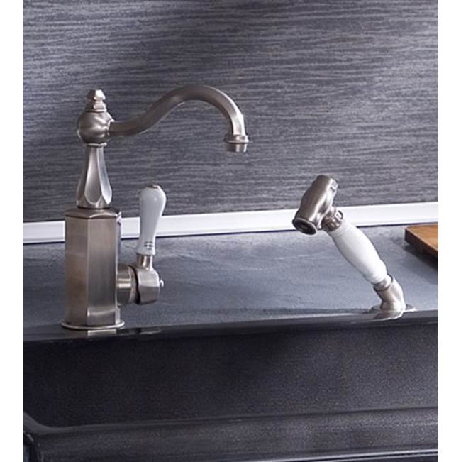Herbeau ''Monarque'' With Hand Spray Single Lever Mixer With Ceramic Cartridge in White Handles, French Weathered Brass