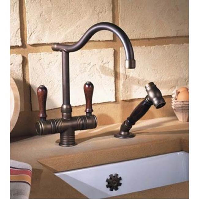 Herbeau ''Valence'' Single-Hole Mixer with Handspray in White Handles, Lacquered Polished Copper