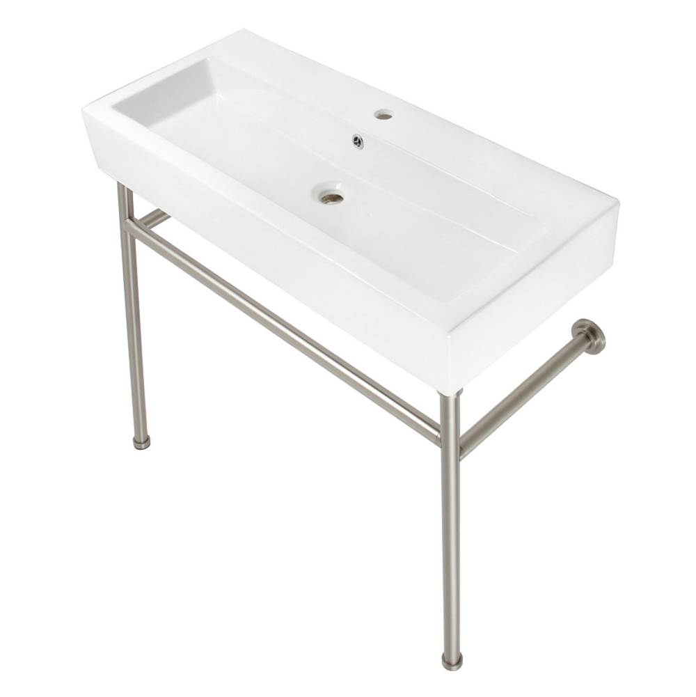 Kingston Brass Fauceture VPB39178ST New Haven 39'' Porcelain Console Sink with Stainless Steel Legs (Single-Hole), White/Brushed Nickel