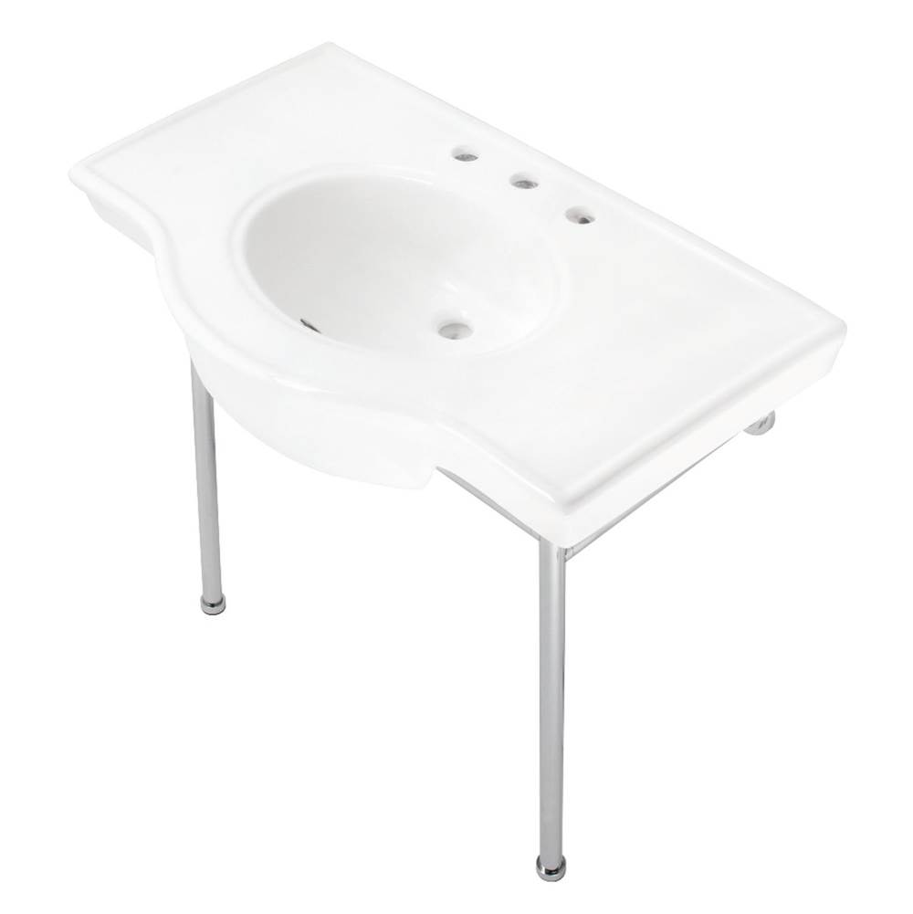 Kingston Brass Fauceture VPB28140W8CP Manchester 37'' Ceramic Console Sink with Stainless Steel Legs, White/Polished Chrome