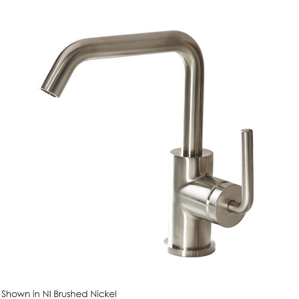 Lacava Deck-mount single-hole faucet with a squared-gooseneck swiveling spout, one curved lever handle, and a pop-up drain.