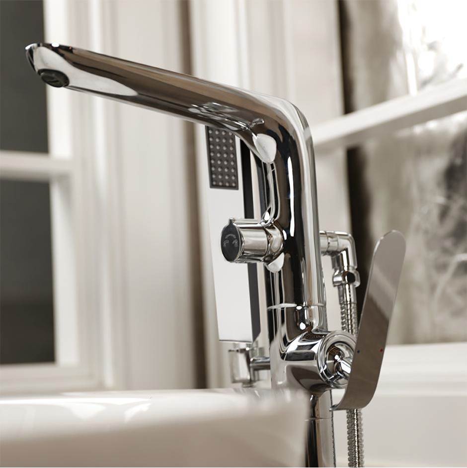 Lacava Floor-standing single-hole tub filler with single lever handle, two-way diverter, and hand-held shower with 59-inch flexible hose.