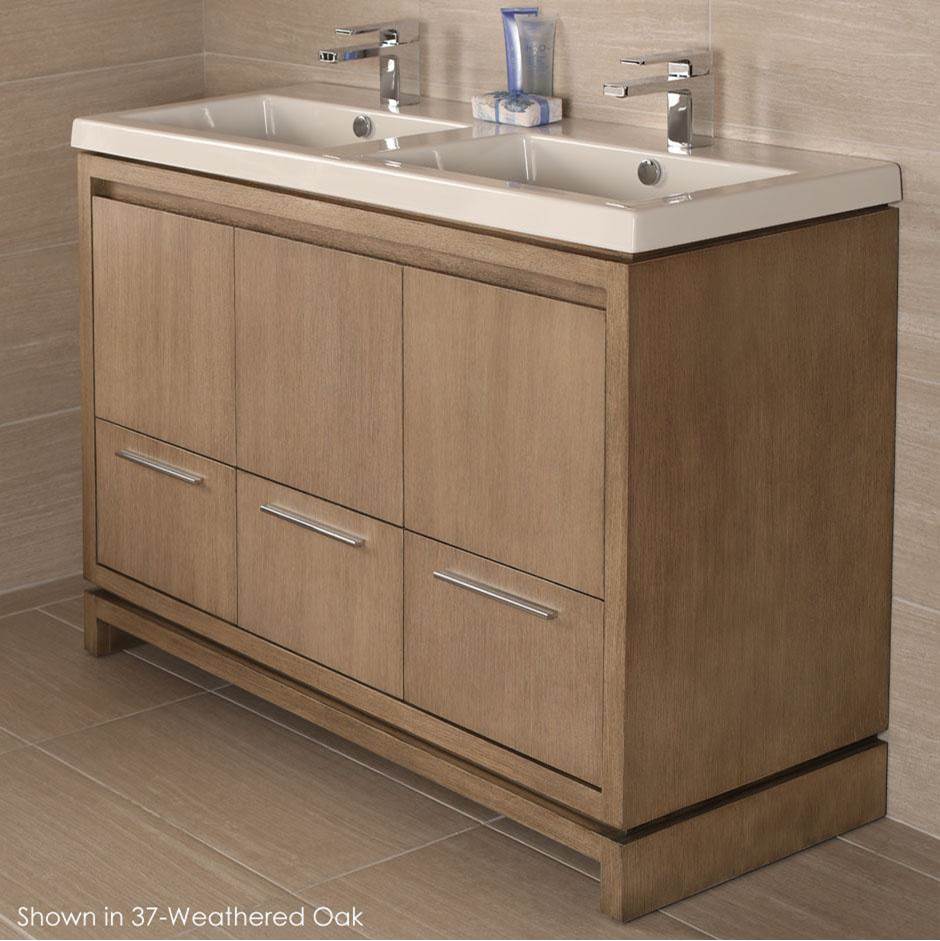 Lacava Free-standing under-counter vanity with finger pulls across top doors and polished chrome pulls across bottom drawers