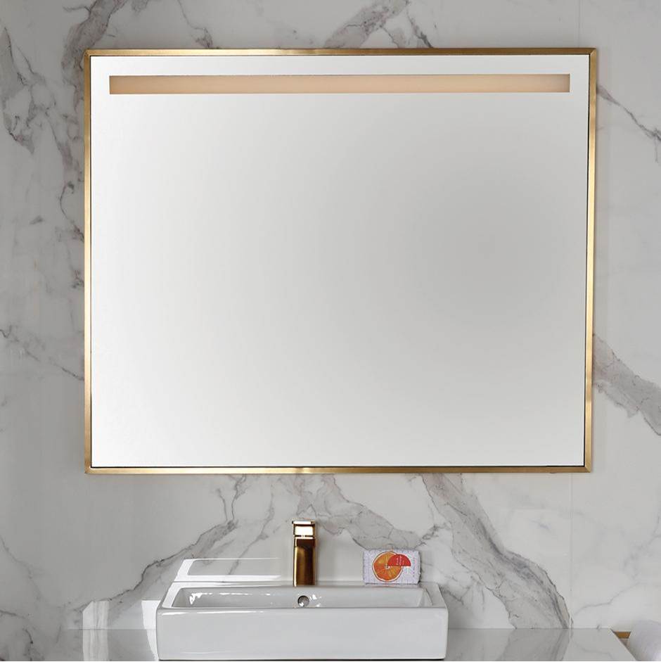 Lacava Wall-mount mirror in wooden or metal frame with LED light behind sand blasted frosted section on top. W:41'', H:34'', D: 2''.