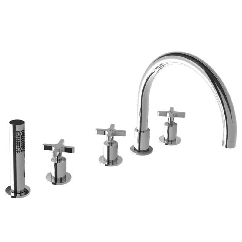 Lefroy Brooks Kafka Cross Handle 5-Hole Bath Trim With Pull-Out Hand Shower & Deck Diverter To Suit R1-4007 Rough, Brushed Nickel