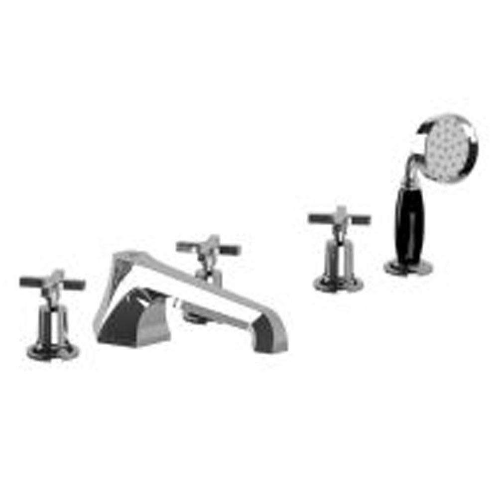 Lefroy Brooks Mackintosh Cross Handle 5-Hole Bath Set With Deck Diverter & Pull-Out Hand Shower Trim To Suit R1-4007 Rough, Silver Nickel