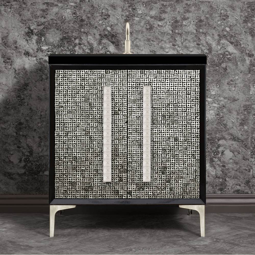 Linkasink MOTHER OF PEARL with 18'' Artisan Glass Pyramid Hardware 30'' Wide Vanity, Black, Satin Nickel Hardware, 30'' x 22'' x 33.5'' (without vanity top)