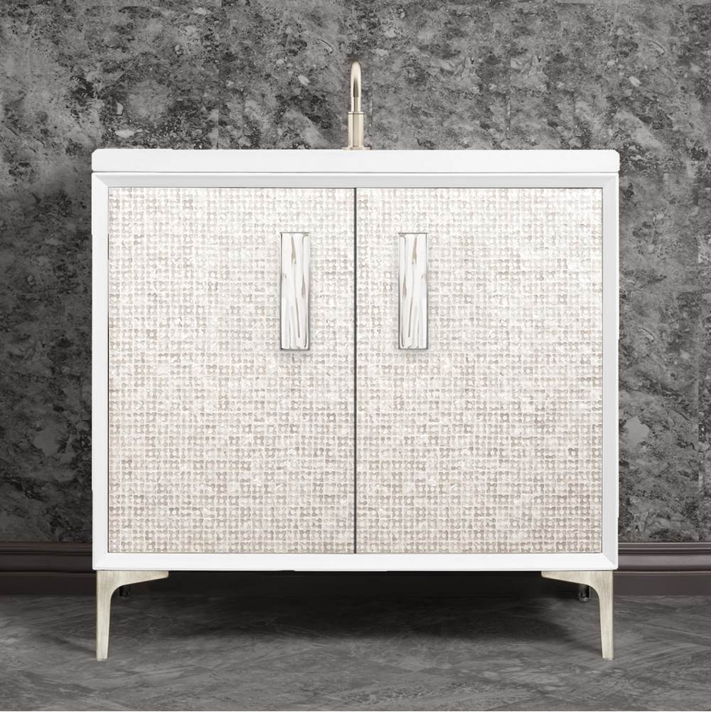 Linkasink MOTHER OF PEARL with 8'' Artisan Glass Prism Hardware 36'' Wide Vanity, White, Satin Nickel Hardware, 36'' x 22'' x 33.5'' (without vanity top)