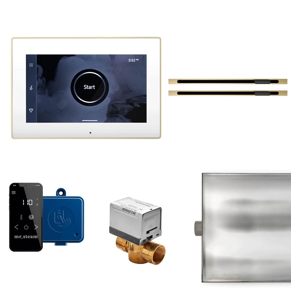 Mr. Steam XButler Max Linear Steam Shower Control Package with iSteamX Control and Linear SteamHead in White Satin Brass