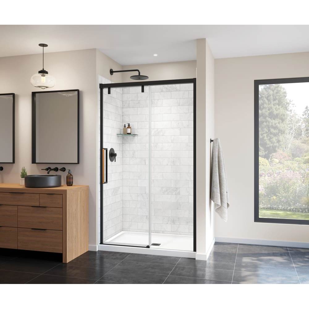 Maax Uptown 44-47 x 76 in. 8 mm Sliding Shower Door for Alcove Installation with Clear glass in Matte Black & Wood
