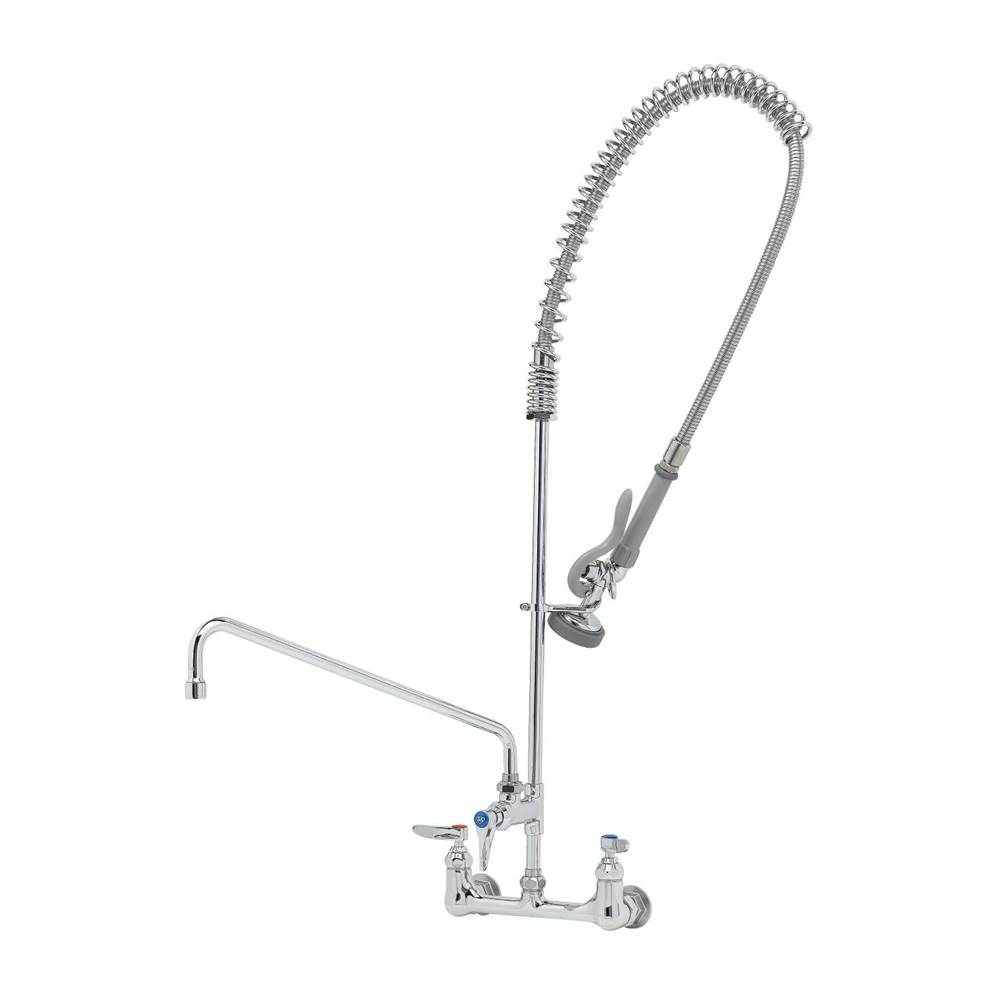 T&S Brass EasyInstall Pre-Rinse Unit: 8'' Wall Mount, Add-On Faucet, 16'' Swing Nozzle, Wall Bracket