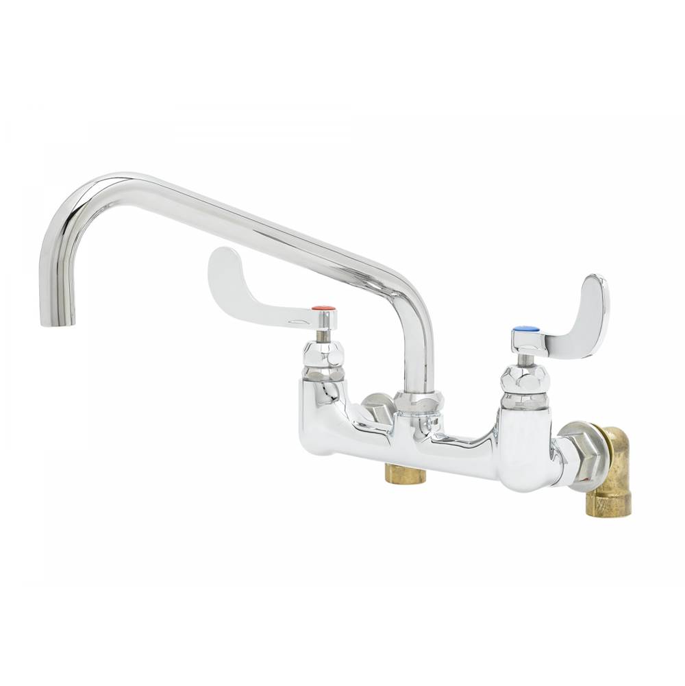 T&S Brass Big-Flo Mixing Faucet, 8'' Wall Mount, 12'' Nozzle, 4'' Wrist-Action Handles, Inlet Elbows