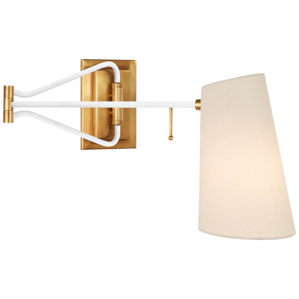 Visual Comfort Signature Collection Keil Swing Arm Wall Light in Hand-Rubbed Antique Brass and White with Linen Shade