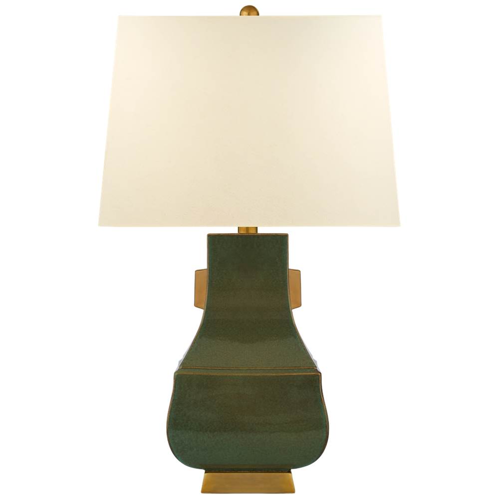 Visual Comfort Signature Collection Kang Jug Large Table Lamp in Oslo Green and Burnt Gold Accent with Natural Percale Shade