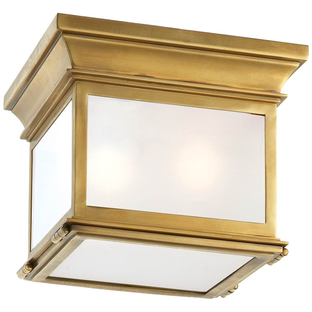 Visual Comfort Signature Collection Club Small Square Flush Mount in Antique-Burnished Brass with Frosted Glass