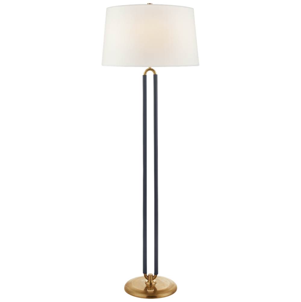 Visual Comfort Signature Collection Cody Large Floor Lamp in Natural Brass and Navy Leather with Linen Shade