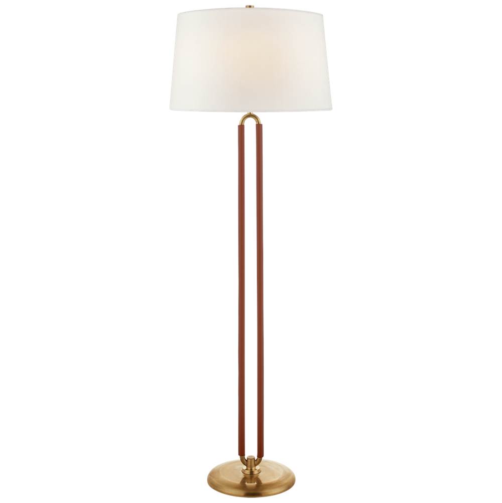 Visual Comfort Signature Collection Cody Large Floor Lamp in Natural Brass and Saddle Leather with Linen Shade