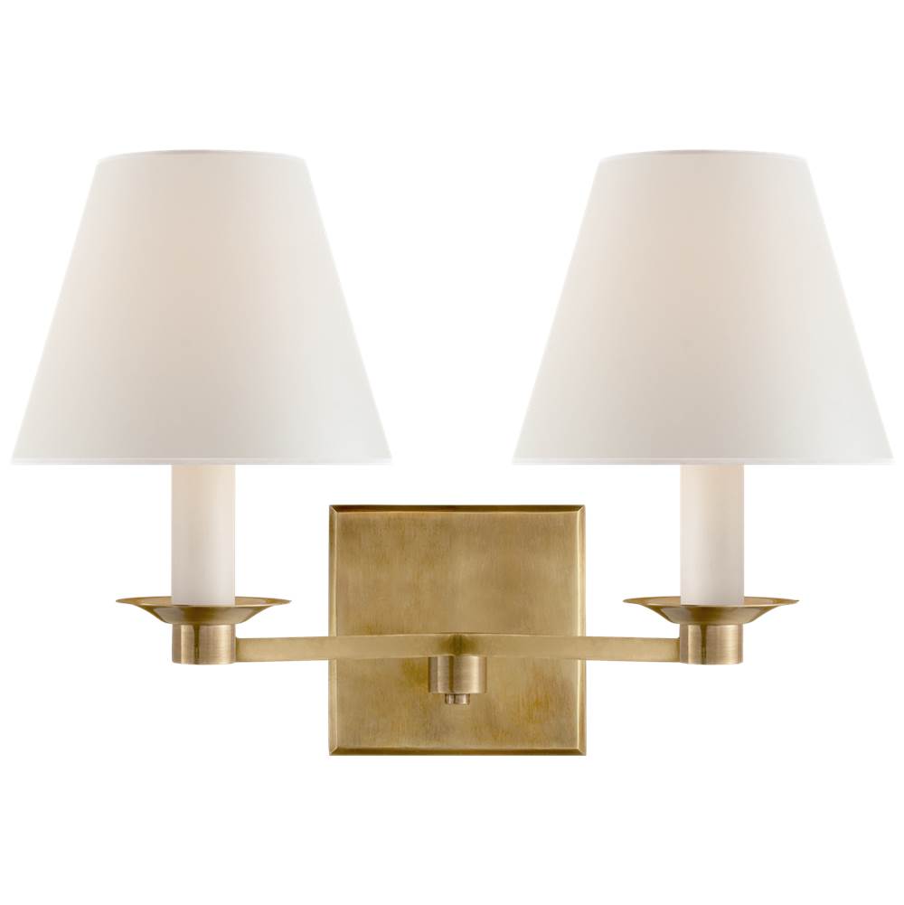 Visual Comfort Signature Collection Evans Double Arm Sconce in Natural Brass with Percale Shade