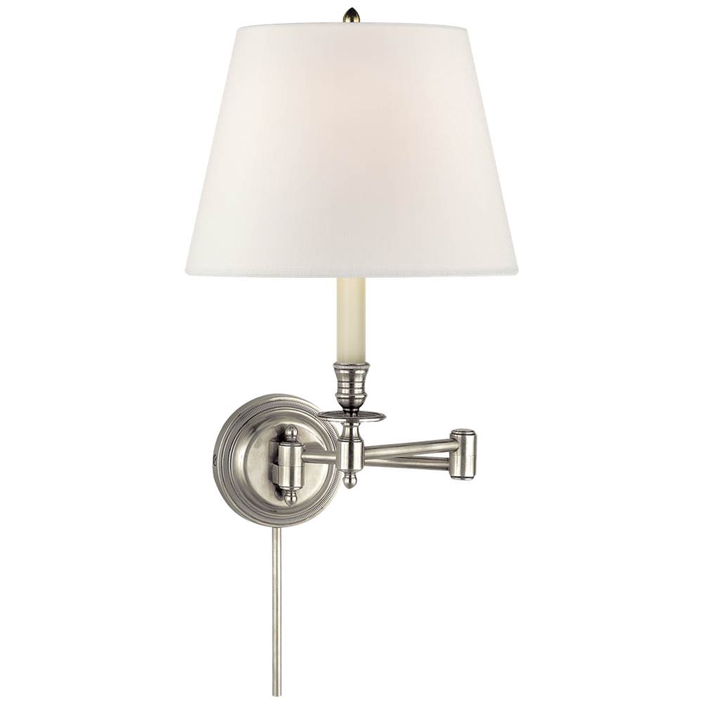 Visual Comfort Signature Collection Candlestick Swing Arm in Antique Nickel with Linen Shade