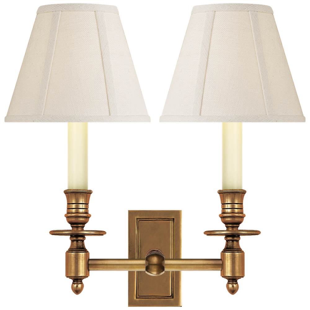 Visual Comfort Signature Collection French Double Library Sconce in Hand-Rubbed Antique Brass with Linen Shades