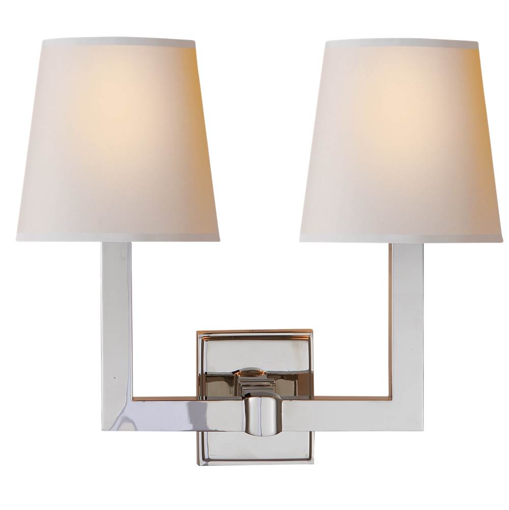 Visual Comfort Signature Collection Square Tube Double Sconce in Polished Nickel with Natural Paper Shades