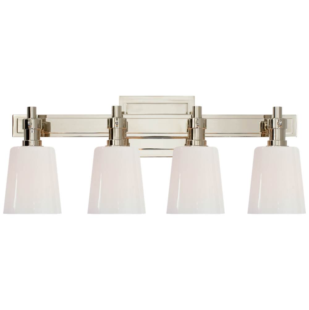 Visual Comfort Signature Collection Bryant Four-Light Bath Sconce in Polished Nickel with White Glass