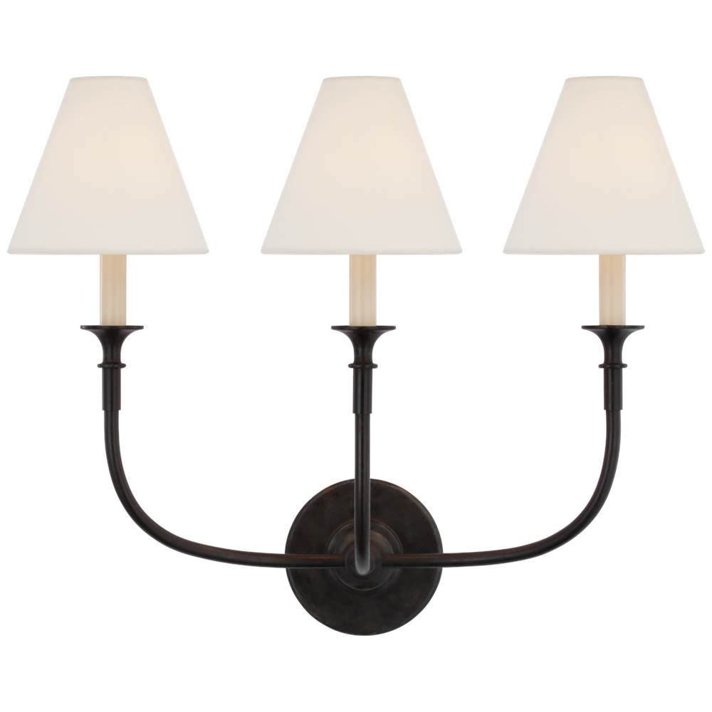 Visual Comfort Signature Collection Piaf Triple Sconce in Aged Iron with Linen Shades