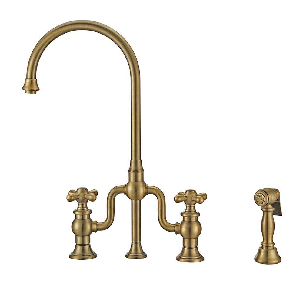 Whitehaus Collection Twisthaus Plus Bridge Faucet with Gooseneck Swivel Spout, Cross Handles and Solid Brass Side Spray