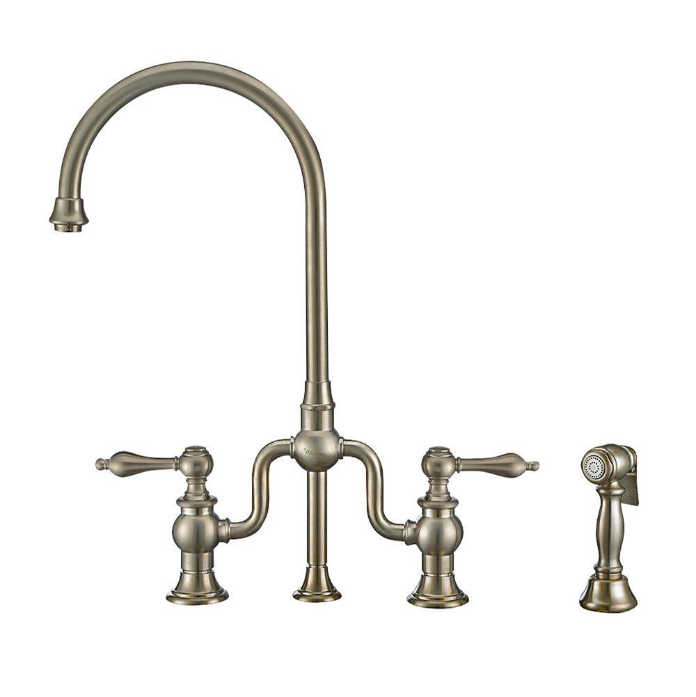 Whitehaus Collection Twisthaus Plus Bridge Faucet with Gooseneck Swivel Spout, Lever Handles and Solid Brass Side Spray